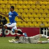 Penalty appeal for  Rangers forward Alfredo Morelos brought down in the box by Max Stryjek during a Scottish Premiership match between Livingston and Rangers at The Tony Macaroni Arena, on March 03, 2021. (Photo by Alan Harvey / SNS Group)
