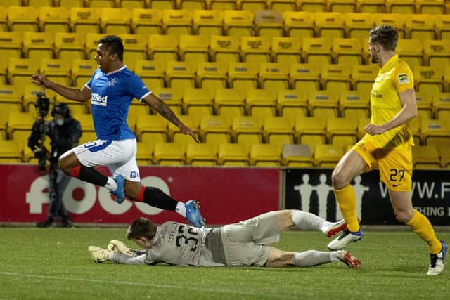 Penalty appeal for Rangers forward Alfredo Morelos brought down in the box by Max Stryjek during a Scottish Premiership match between Livingston and Rangers at The Tony Macaroni Arena, on March 03, 2021. (Photo by Alan Harvey / SNS Group)