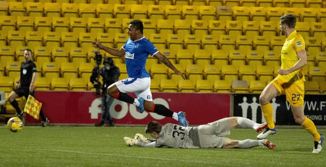 Penalty appeal for Rangers forward Alfredo Morelos brought down in the box by Max Stryjek during a Scottish Premiership match between Livingston and Rangers at The Tony Macaroni Arena, on March 03, 2021. (Photo by Alan Harvey / SNS Group)