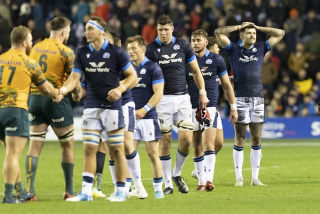 Scotland's Blair Kinghorn (right) reacts at the end of the Autumn International against Australia. Picture: Robert Perry/PA Wire