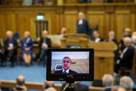 Lord High Commissioner Lord Hodge addressed the Assembly over Zoom.  Picture: Andrew O'Brien.