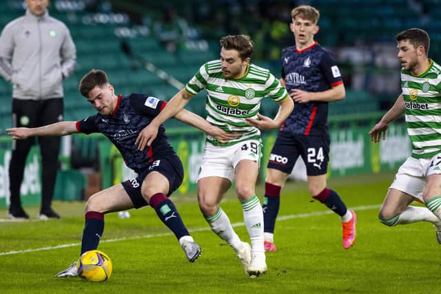 Falkirk's Euan Thomas Deveney and James Forrest in action versus Celtic tonight. (Photo by Craig Williamson/SNS Group)