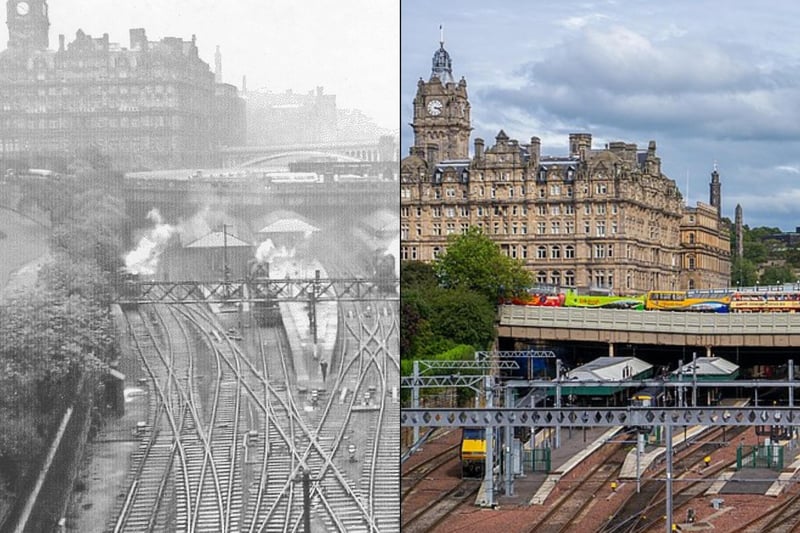 This shot, taken from the Mound, tells the story of the development of the rail system - as you can see there are many steam engine trains however steam traction ended in the 1960s after diesel trains were introduced.