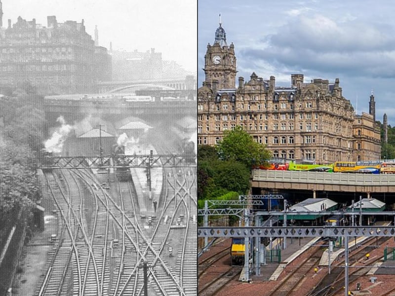 This shot, taken from the Mound, tells the story of the development of the rail system - as you can see there are many steam engine trains however steam traction ended in the 1960s after diesel trains were introduced.