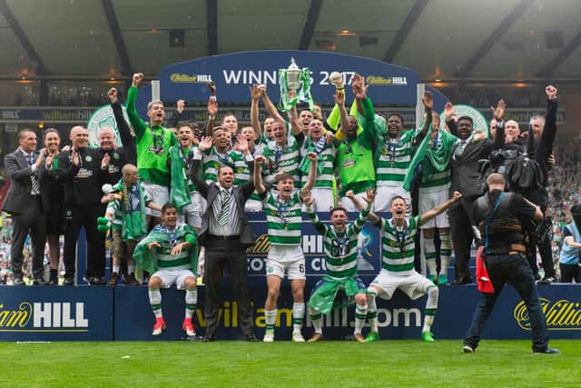 Celtic celebrate the clinching of the first of their world-first four straight trebles with the 'invincibles' success claimed with the 2017 Scottish Cup. (photo by Craig Foy/SNS Group).