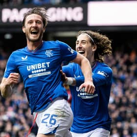 Substitute Ben Davies celebrates scoring his first Rangers goal to put his side 2-1 in front against ten man Kilmarnock (Photo by Craig Williamson / SNS Group)