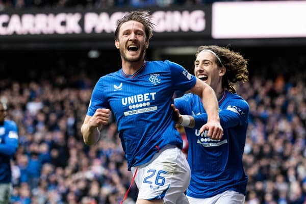 Substitute Ben Davies celebrates scoring his first Rangers goal to put his side 2-1 in front against ten man Kilmarnock (Photo by Craig Williamson / SNS Group)