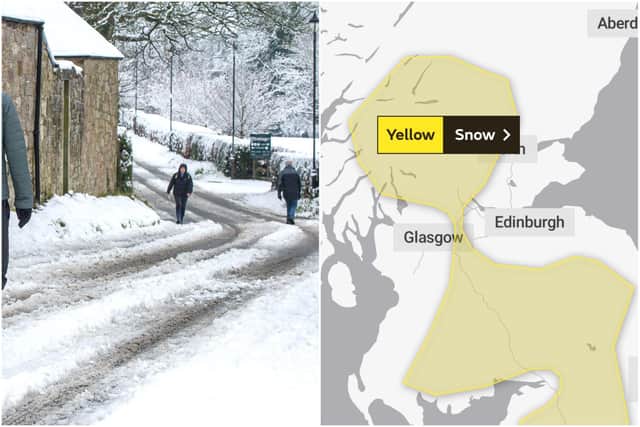A yellow weather warning for snow is in place covering much of Scotland form 11am