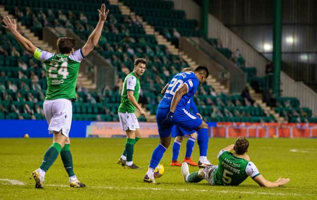 Alfredo Morelos stamps on Ryan Porteous during the first half of the Hibs-Rangers match on Wednesday