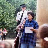 Ranjit Kaur addressing a rally around 1990