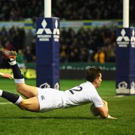 Cameron Redpath scores a try for England U20 against Scotland U20 at Franklin's Gardens in 2019. The centre is now part of the Scotland squad.