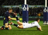 Cameron Redpath scores a try for England U20 against Scotland U20 at Franklin's Gardens in 2019. The centre is now part of the Scotland squad.