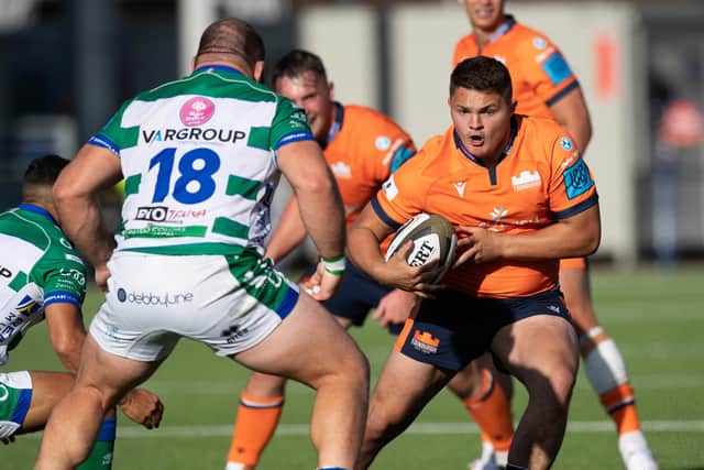 Edinburgh's Patrick Harrison takes on Lorenzo Cannone during the pre-season friendly win over Benneton (Photo by Ross Parker / SNS Group)