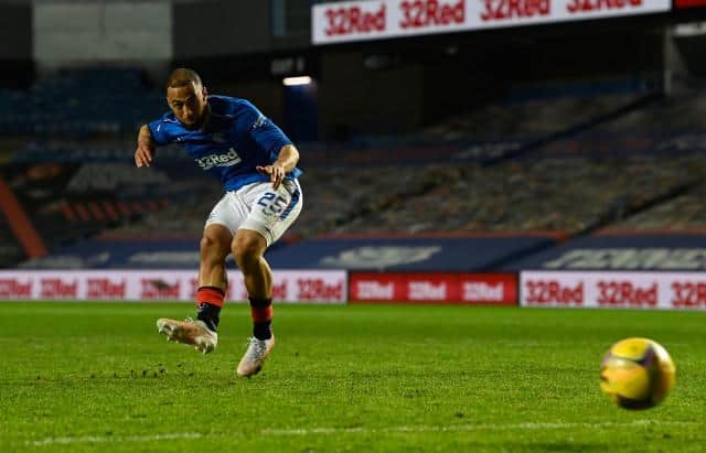 Rangers striker Kemar Roofe takes the penalty kick which was saved by Zander Clark to help clinch a 4-2 shoot-out victory for St Johnstone in the Scottish Cup quarter-final at Ibrox. (Photo by Rob Casey / SNS Group)