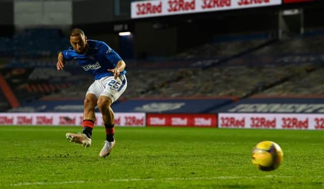 Rangers striker Kemar Roofe takes the penalty kick which was saved by Zander Clark to help clinch a 4-2 shoot-out victory for St Johnstone in the Scottish Cup quarter-final at Ibrox. (Photo by Rob Casey / SNS Group)