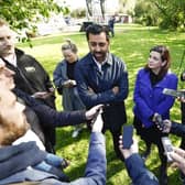 First Minister Humza Yousaf and SNP Westminster Leader Stephen Flynn join SNP candidate for the Rutherglen and Hamilton West by-election Katy Loudon at Cambuslang Miners Monument in Cambuslang. Picture: Getty Images