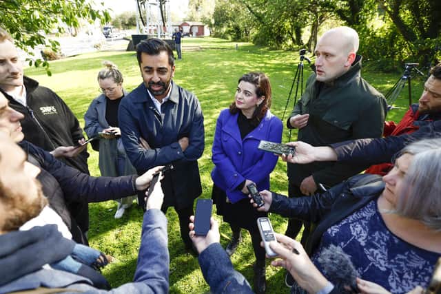 First Minister Humza Yousaf and SNP Westminster Leader Stephen Flynn join SNP candidate for the Rutherglen and Hamilton West by-election Katy Loudon at Cambuslang Miners Monument in Cambuslang. Picture: Getty Images