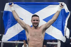 Josh Taylor celebrates beating Ryan Martin during their WBC Silver Championship at The SSE Hydro, Glasgow, in 2018 (Picture: Jeff Holmes/PA)