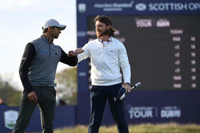 Tommy Fleetwood congratulates Aaron Rai after the latter's play-off win at the Aberdeen Standard Investments Scottish Open.