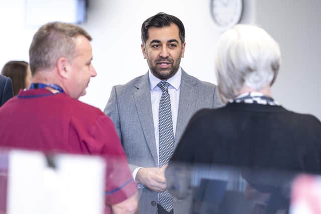 First Minister Humza Yousaf speaking to staff during his visit to NHS 24's Dundee contact centre. Picture: Euan Cherry/PA Wire