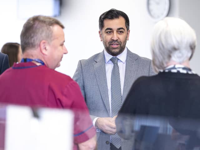 First Minister Humza Yousaf speaking to staff during his visit to NHS 24's Dundee contact centre. Picture: Euan Cherry/PA Wire