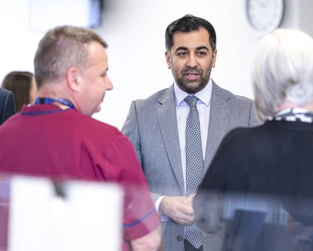 First Minister Humza Yousaf speaking to staff during his visit to NHS 24's Dundee contact centre. Picture: Euan Cherry/PA Wire