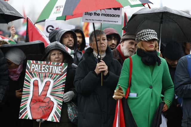 Protesters at a demonstration to demand a ceasefire in the Israel-Hamas War at Glasgow Green on Saturday. Picture: Jeff J Mitchell/Getty Images