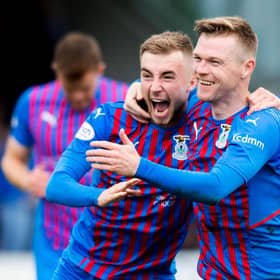 Billy McKay and Lewis Jamieson celebrate an Inverness goal in the 4-2 win over Elgin City in the SPFL Trust Trophy third round tie at Borough Briggs (Photo by Mark Scates / SNS Group)