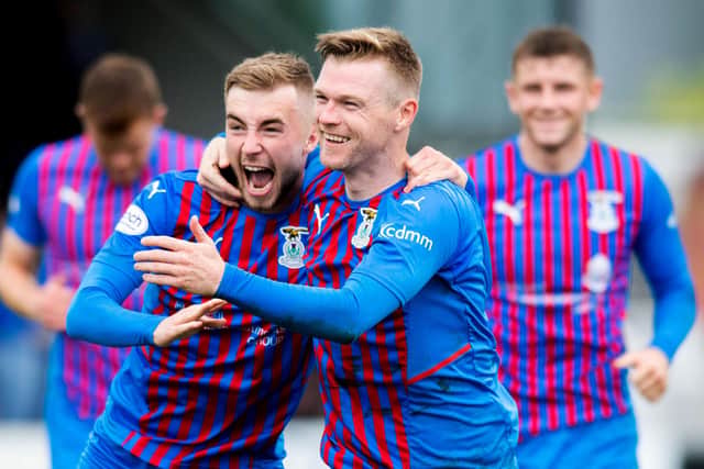 Billy McKay and Lewis Jamieson celebrate an Inverness goal in the 4-2 win over Elgin City in the SPFL Trust Trophy third round tie at Borough Briggs (Photo by Mark Scates / SNS Group)