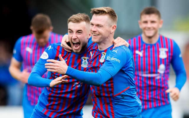 Billy McKay and Lewis Jamieson celebrate an Inverness goal in the 4-2 win over Elgin City in the SPFL Trust Trophy third round tie at Borough Briggs (Photo by Mark Scates / SNS Group)