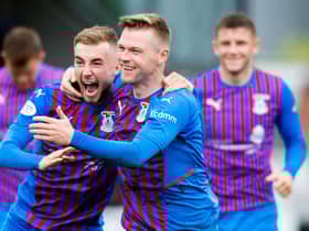 Billy McKay and Lewis Jamieson celebrate an Inverness goal in the 4-2 win over Elgin City in the SPFL Trust Trophy third round tie at Borough Briggs (Photo by Mark Scates / SNS Group)