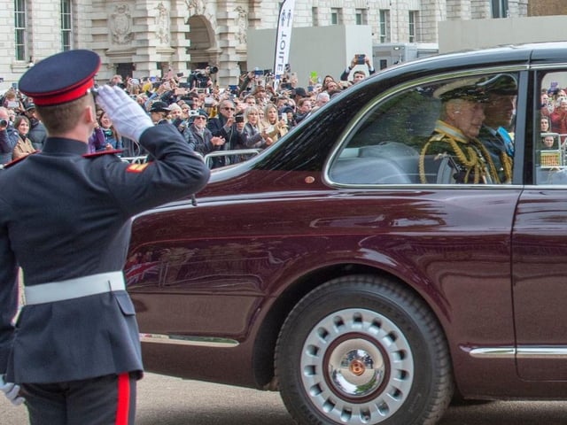 LONDON, ENGLAND - SEPTEMBER 19: King Charles III and William, Prince of Wales travel across Horseguards Parade Ground on the way to Westminster Abbey for the State Funeral of Queen Elizabeth II at Westminster Abbey on September 19, 2022 in London, England.  Elizabeth Alexandra Mary Windsor was born in Bruton Street, Mayfair, London on 21 April 1926. She married Prince Philip in 1947 and ascended the throne of the United Kingdom and Commonwealth on 6 February 1952 after the death of her Father, King George VI. Queen Elizabeth II died at Balmoral Castle in Scotland on September 8, 2022, and is succeeded by her eldest son, King Charles III. (Photo by Lucy Young - WPA Pool/Getty Images)