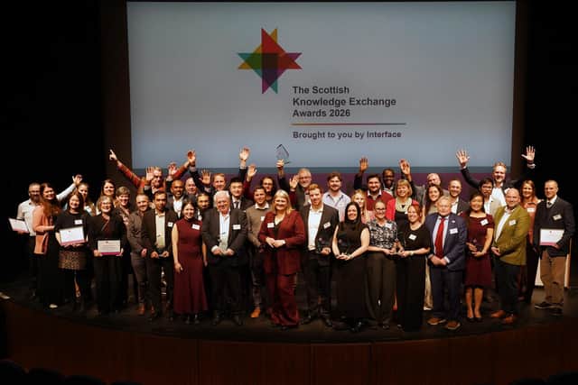 The winners take to the stage at the Scottish Knowledge Exchange Awards 2026. Picture by Stewart Attwood
