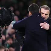 Celtic manager Ange Postecoglou embraces Rangers boss Giovanni van Bronckhorst after the recent Old Firm fixture at Celtic Park. (Photo by Alan Harvey / SNS Group)