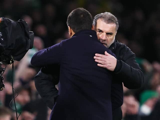 Celtic manager Ange Postecoglou embraces Rangers boss Giovanni van Bronckhorst after the recent Old Firm fixture at Celtic Park. (Photo by Alan Harvey / SNS Group)