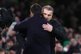 Celtic manager Ange Postecoglou embraces Rangers boss Giovanni van Bronckhorst after the recent Old Firm fixture at Celtic Park. (Photo by Alan Harvey / SNS Group)