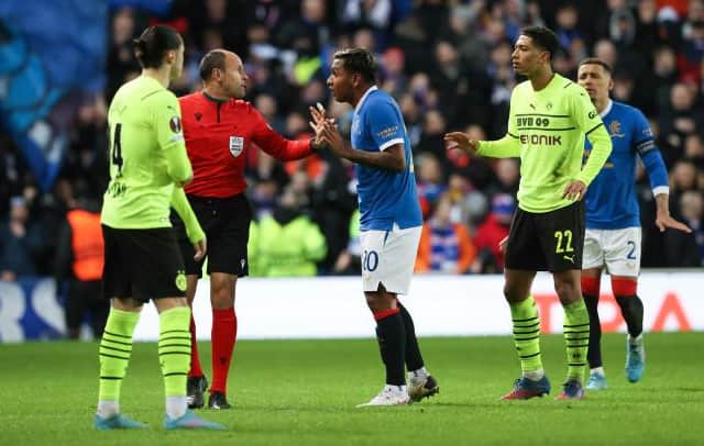 Rangers striker Alfredo Morelos is bemused as Spanish referee Antonio Lahoz wrongly rules out a Ryan Kent goal following a VAR check. (Photo by Alan Harvey / SNS Group)