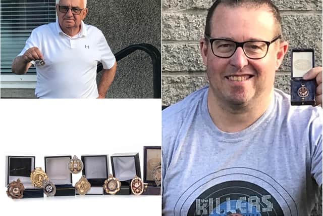 Billy Brown (top left) is auctioning off his rare medals to help stroke survivors like Derek Stewart (right) with their recoveries.