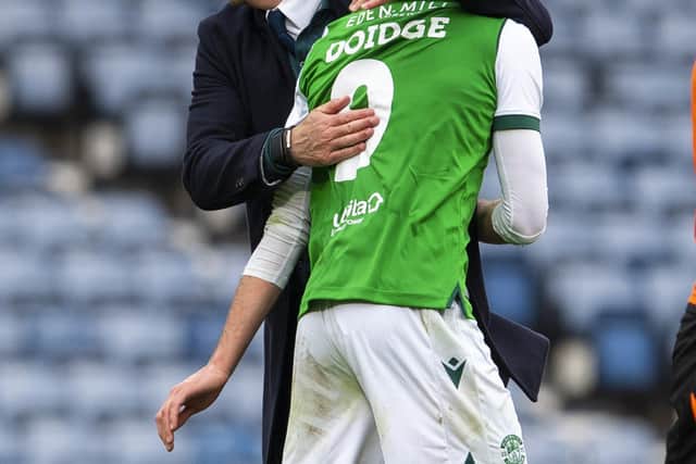 Hibs Manager Jack Ross with Christian Doidge at full time during a Scottish Cup semi-final match between Dundee United and Hibernian at Hampden Park, on May 08, 2021, in Glasgow, Scotland. (Photo by Ross Parker / SNS Group)