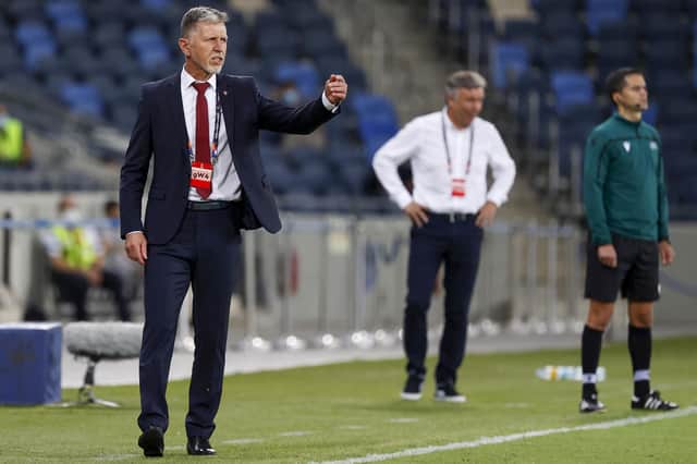 Czech Republic coach Jaroslav Silhavy speaks to his players during the UEFA Nations League Group B2 match between the Israel and Czech Republic at the Sammy Ofer Stadium in the city of Haifa on Sunday. (Photo by JACK GUEZ/AFP via Getty Images)