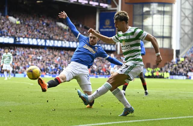 Celtic's Jota (R) and Rangers' Aaron Ramsey during the last match between the two at Ibrox.