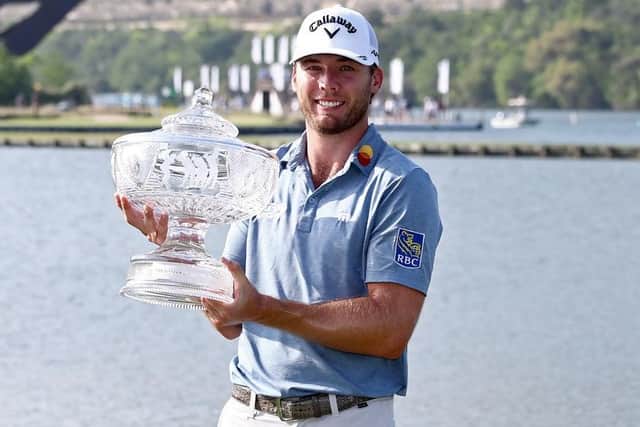Sam Burns celebrates with the trophy after winning the World Golf Championships-Dell Technologies Match Play at Austin Country Club in March. Picture: Tom Pennington/Getty Images.