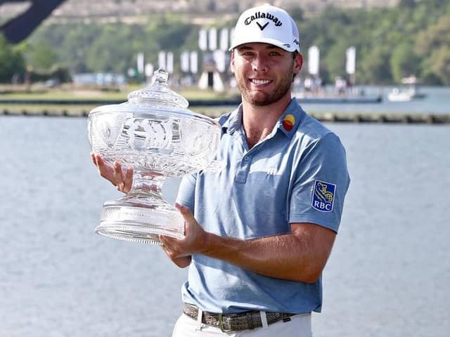 Sam Burns celebrates with the trophy after winning the World Golf Championships-Dell Technologies Match Play at Austin Country Club in March. Picture: Tom Pennington/Getty Images.