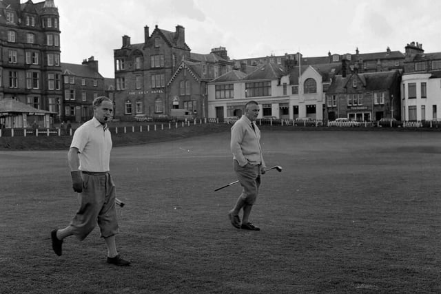 World War II hero airman Captain Douglas Bader and Mr Ian Stewart at St Andrews for the Royal and Ancient Spring Medal in May 1963.