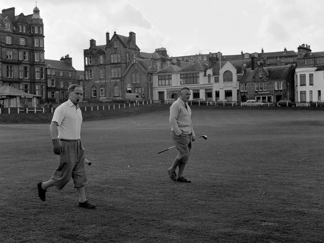 World War II hero airman Captain Douglas Bader and Mr Ian Stewart at St Andrews for the Royal and Ancient Spring Medal in May 1963.