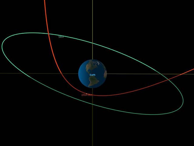 Graphic issued by Nasa of the Orbital diagram from CNEO's close approach viewer showing BU's trajectory - in red - during its close approach with Earth. Then asteroid will pass about 10 times closer to Earth than the orbit of geosynchronous satellites, shown in green line. An asteroid the size of a small truck will pass by Earth tonight, making one of the closest approaches to the planet ever recorded.