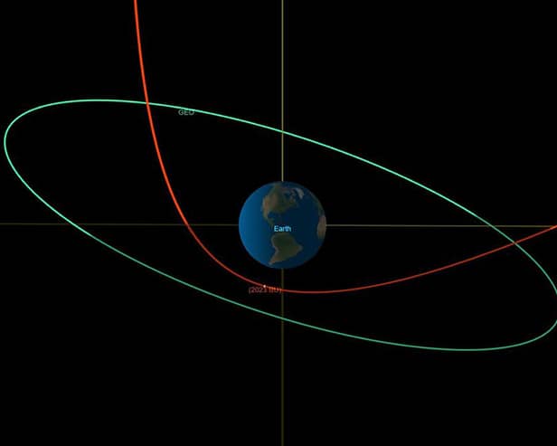 Graphic issued by Nasa of the Orbital diagram from CNEO's close approach viewer showing BU's trajectory - in red - during its close approach with Earth. Then asteroid will pass about 10 times closer to Earth than the orbit of geosynchronous satellites, shown in green line. An asteroid the size of a small truck will pass by Earth tonight, making one of the closest approaches to the planet ever recorded.