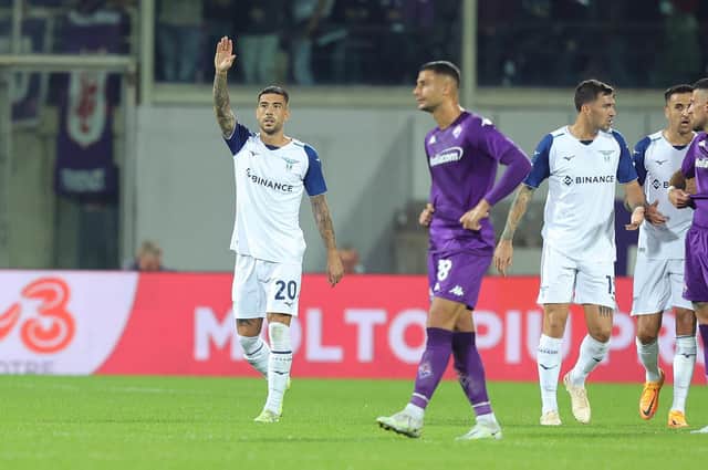 Mattia Zaccagni of SS Lazio celebrates after scoring a goal in the 4-0 win over Fiorentina.
