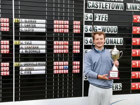 Calum Fyfe shows off the trophy after his win in the Castletown Golf Links on the Isle of Man. Picture: PGA EuroPro Tour