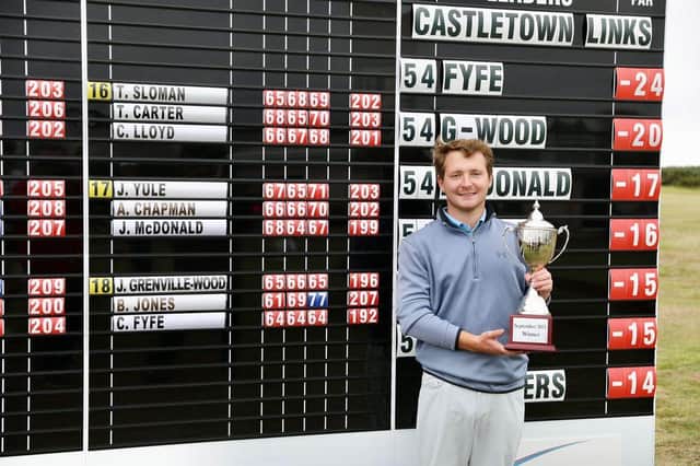 Calum Fyfe shows off the trophy after his win in the Castletown Golf Links on the Isle of Man. Picture: PGA EuroPro Tour